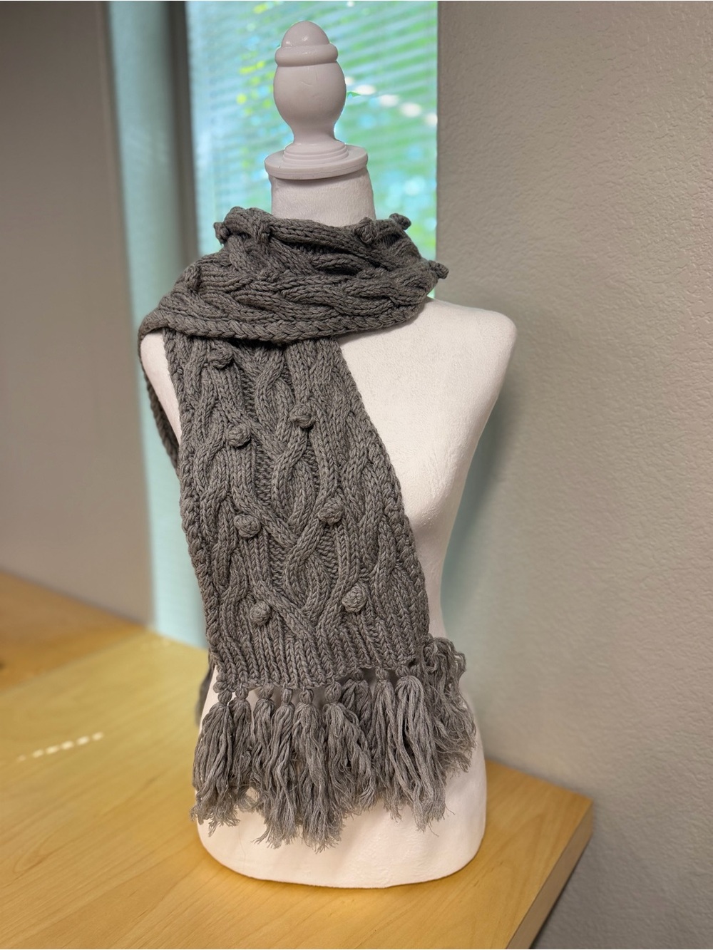 J. Crew Gray Cable Habdknit Fringe Scarf - 100% Wool - Picture 2 of 6